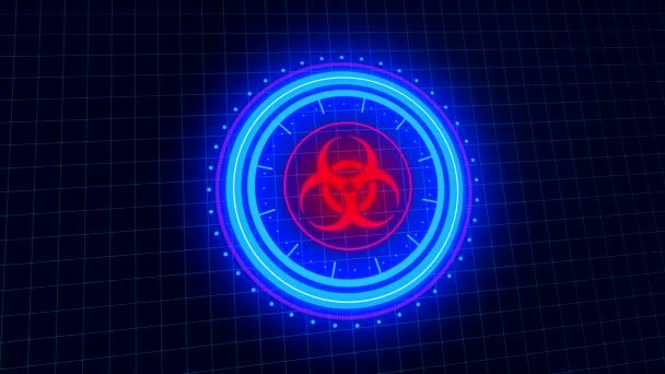 带有生物危害符号和Coronavirus Covid 19爆发警报屏幕的技术 未来主义的蓝色和红色Hud视频动画 — 图库视频影像