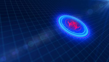 Biyolojik tehlike sembollü mavi ve kırmızı renkli teknolojik, gelecekten gelen HUD 'nin çizimi - tecrit - ekran