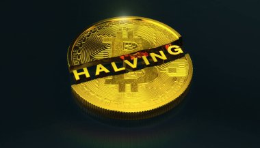 Yarı yarıya altın Bitcoins ve siyah arkaplan üzerindeki mesaj yarıya dijital şifreleme para