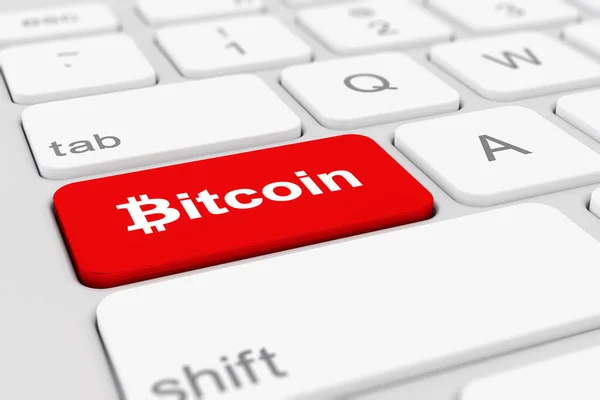 Renderização Teclado Branco Com Botão Bitcoin Vermelho — Fotografia de Stock