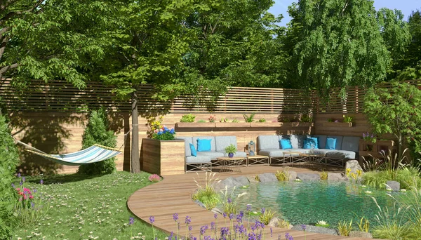 Darstellung Eines Gartens Mit Teich Sitzecke Und Hängematte Einem Sommertag — Stockfoto
