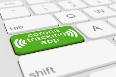 Yeşil tuşlu bir klavyenin 3D görüntüleyicisi ve Corona izleme uygulaması - coronavirus