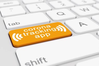 Turuncu tuşlu bir klavyenin 3D görüntüsü ve Corona izleme uygulaması - Coronavirus