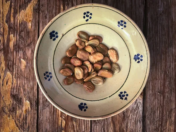 プーリアの伝統的なセラミックプレートで乾燥広い豆 — ストック写真