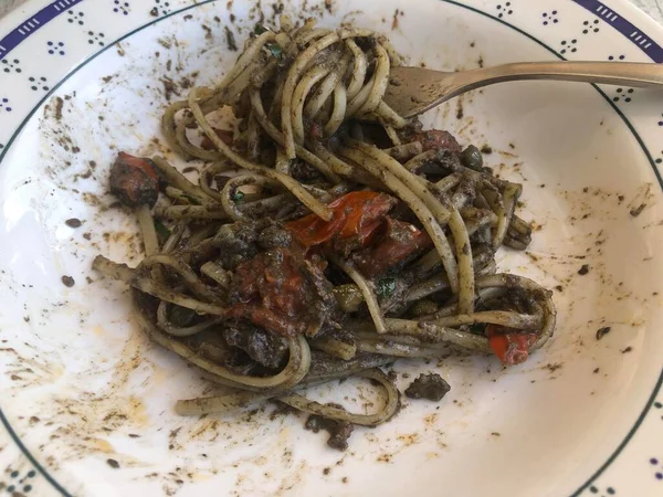 Linguini Tészta Polip Máj Nevű Malandra Egy Hagyományos Recept Puglia — Stock Fotó
