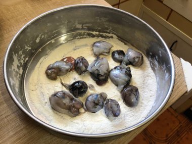 İtalya 'nın Puglia bölgesinde Malandra adı verilen taze ahtapot ciğeri pişiriyorum.