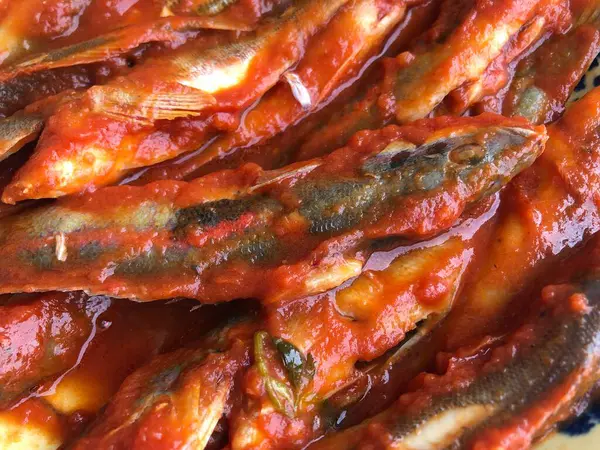 Färska Donzella Fiskar Kokta Med Tomatsås — Stockfoto