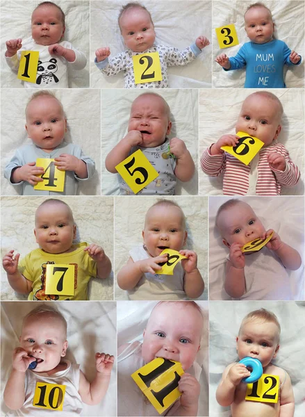 Proces wzrostu dziecka w roku, od miesiąca do roku. Chłopiec dziecko dorasta. 1-letniego chłopca — Zdjęcie stockowe