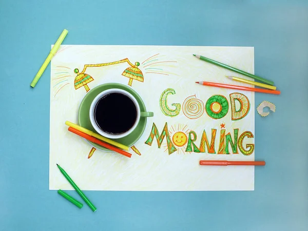 Good morning coffee and alarm clock concept.  Cup of coffee with hand drawn alarm clock — Stock Photo, Image