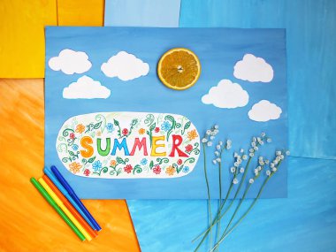 Çocuk aplike, yaz kavramı kelime yaz