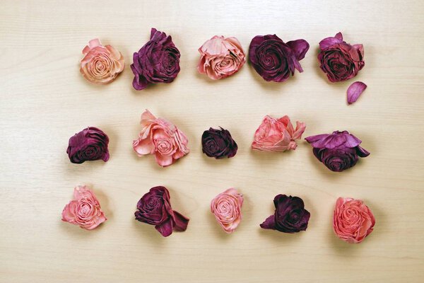 Wilted roses on pastel wooden background, top view