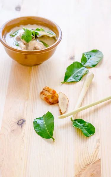 Thai Chicken Soup Coconut Milk Tom Kha Gai Wooden Background — Stock Photo, Image