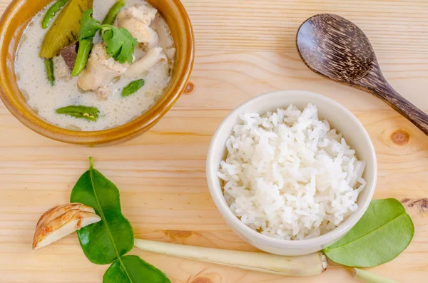 Thai Chicken Soup Coconut Milk Tom Kha Gai Rice Wooden — Stock Photo, Image