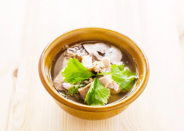 Stewed pork soup with morning glory and bean sprout on wooden — Stock Photo, Image