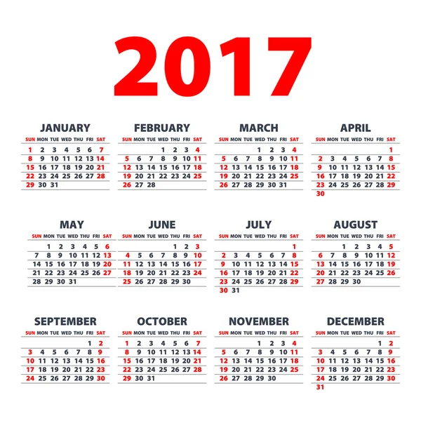 Calendario 2017. La semana comienza el domingo. Plantilla de diseño plano vectorial, lista para imprimir — Vector de stock