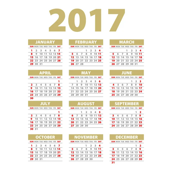 2017 Calendario, diseño en beiyellow, color beige. Pared calendario trimestral 2017 Semana a partir del lunes, Vector Ilustración . — Archivo Imágenes Vectoriales