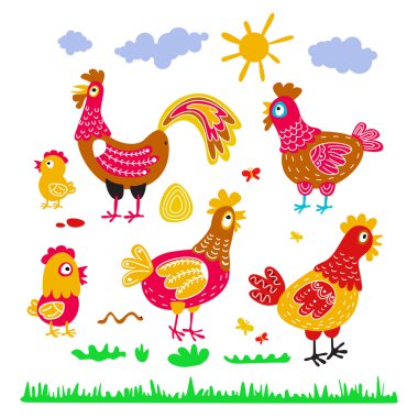 Tavuk horoz tavuk çocuklar için ayarlayın. Mutlu, parlak kuşlar karakter. Kartpostallar, t-shirtler, sanat eserleri, takvimler için resimler. doğum günü. çocuklar vektör