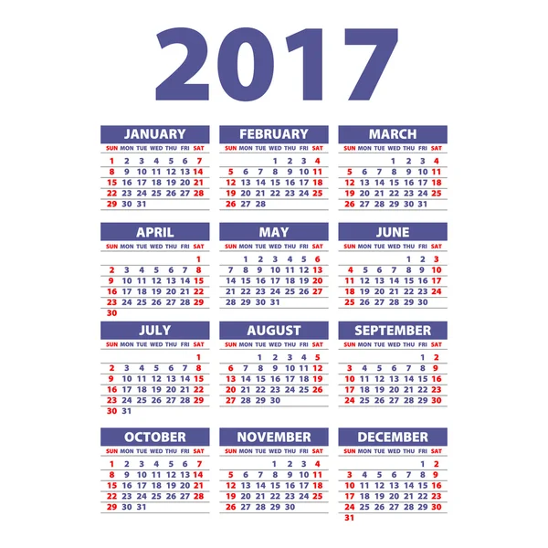 Calendario 2017. La semana comienza el domingo. Plantilla de diseño plano vectorial, lista para imprimir — Vector de stock