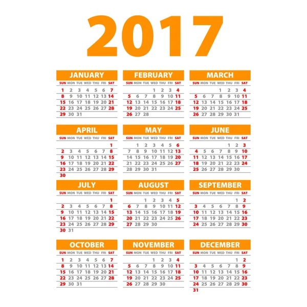 2017 takvim veya Resepsiyon planlayıcısı, 12 aylık küme, hafta başlangıç Pazar portakal — Stok Vektör