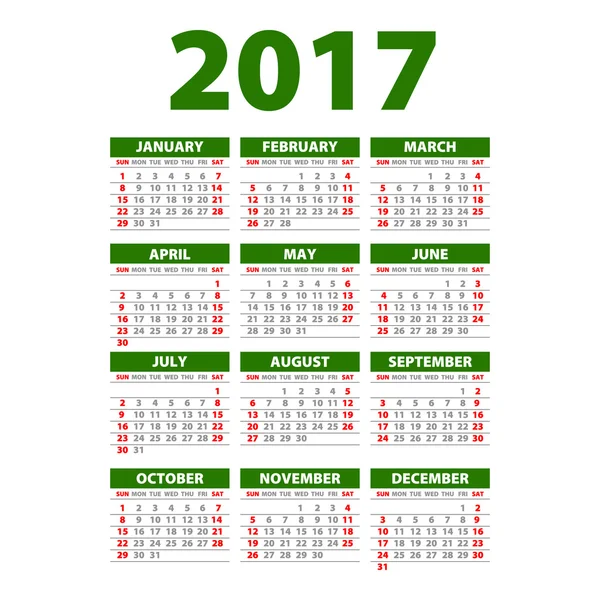 Kalender voor 2017. Week begint maandag. Vector. — Stockvector