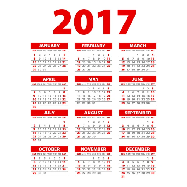 Kalender voor 2017 op witte achtergrond. Vector Eps10. rood — Stockvector