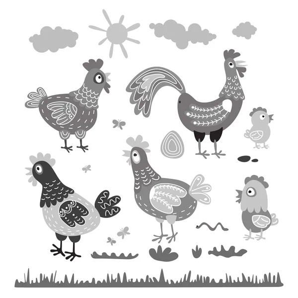Set gallina gallina gallina para niños. El carácter de los pájaros felices y brillantes. Ilustraciones para las postales, camisetas, obras de arte, calendarios. Cumpleaños. vector niños — Archivo Imágenes Vectoriales