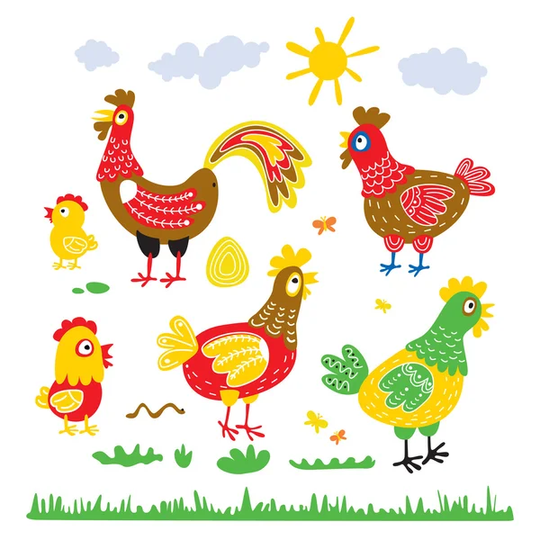 Ställ in höna tupp kyckling för barn. Karaktär av glada, ljusa fåglar. Illustrationer för vykort, T-shirts, konstverk, kalendrar. födelsedag. barn vector — Stock vektor