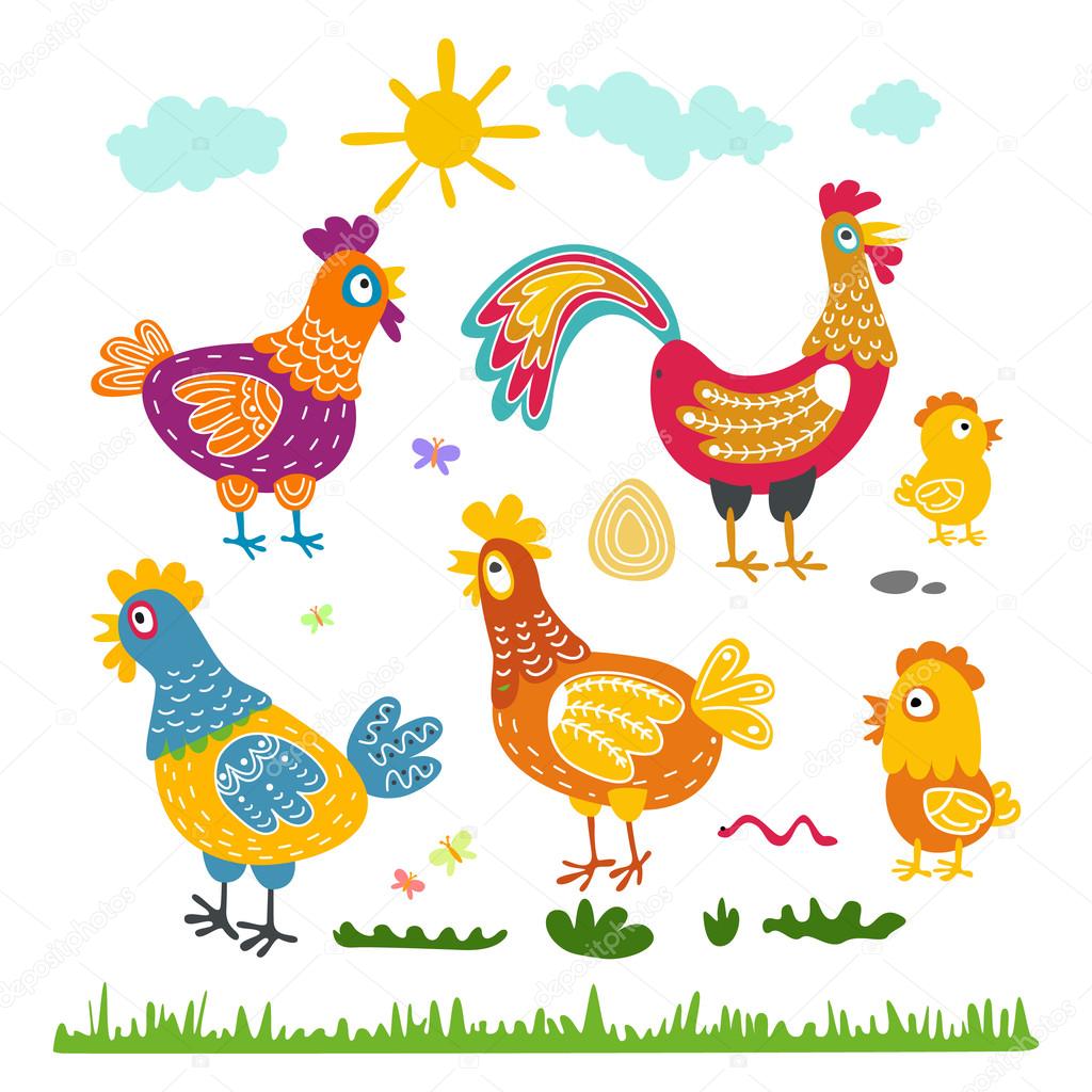 Impostare pollo gallo della gallina per i bambini Il carattere di Impostare pollo gallo della gallina per i bambini Il carattere di uccelli felici luminosi Illustrazioni per la copertina cartoline magliette