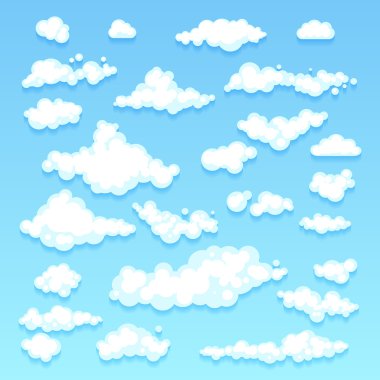 Mavi gökyüzü, bulutlar kümesi. simge şekli. farklı. Koleksiyon etiketli, sembolü. Grafik öğesi vektör. tasarım logo, web ve baskı için.