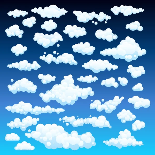 Cartoon wolken op blauwe hemelachtergrond instellen Set van grappige cartoon wolken, rook patronen en mist pictogrammen, voor het vullen van uw scènes van de hemel of de ui games achtergronden. Vector — Stockvector