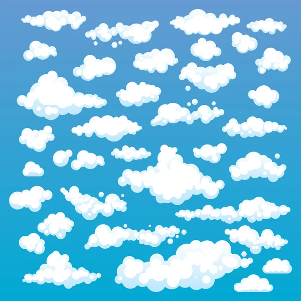 Nuvens de desenhos animados definido no fundo do céu azul. Conjunto de nuvens engraçadas de desenhos animados, padrões de fumaça e ícones de nevoeiro, para preencher suas cenas do céu ou fundos de jogos ui. Vetor — Vetor de Stock