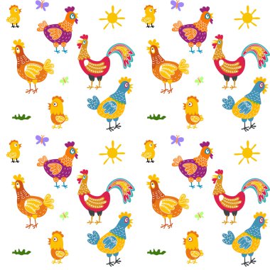 Paskalya tavuk ve yuva ile seamless modeli. tavuk ve tavuk, horoz vektör