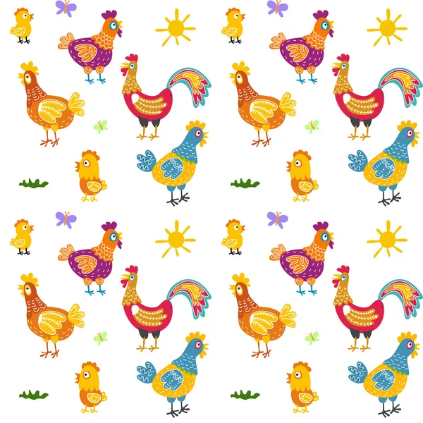 Patrón sin costura de Pascua con gallina y nido. gallina y pollo, gallo vector — Archivo Imágenes Vectoriales