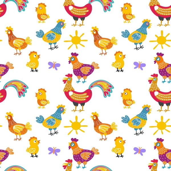 Vector fun chickens seamless pattern background with hand drawn farm birds. — Stock Vector