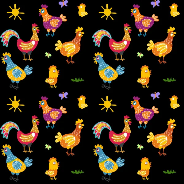 Patrón sin costura de Pascua con gallina y nido. gallina y pollo, gallo vector — Archivo Imágenes Vectoriales