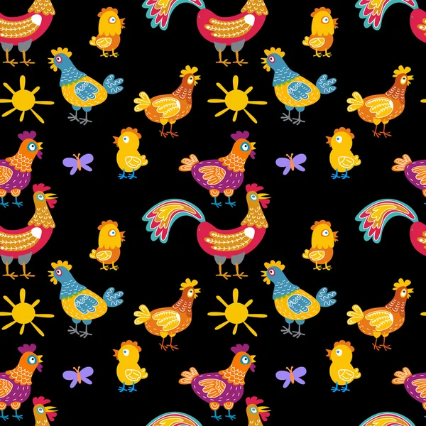 Vector fun chickens seamless pattern background with hand drawn farm birds. — Stock Vector