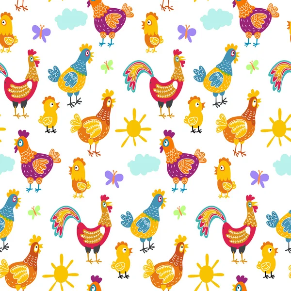 Vector divertido pollos sin costura patrón de fondo con aves de granja dibujadas a mano . — Archivo Imágenes Vectoriales