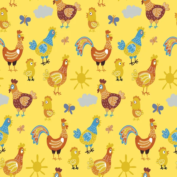 Vector fun chickens seamless pattern background with hand drawn farm birds. — Stock Vector