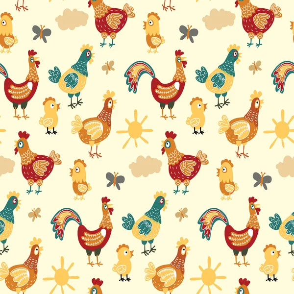 Vector fun chickens seamless pattern background with hand drawn farm birds. — Stock Vector