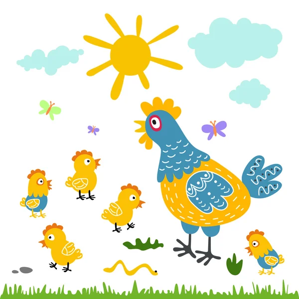 Divertido vector de dibujos animados colorido gallina y pollitos aislado fondo — Vector de stock