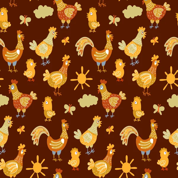 Vector fun chickens seamless pattern background with hand drawn farm birds. — Stock Vector