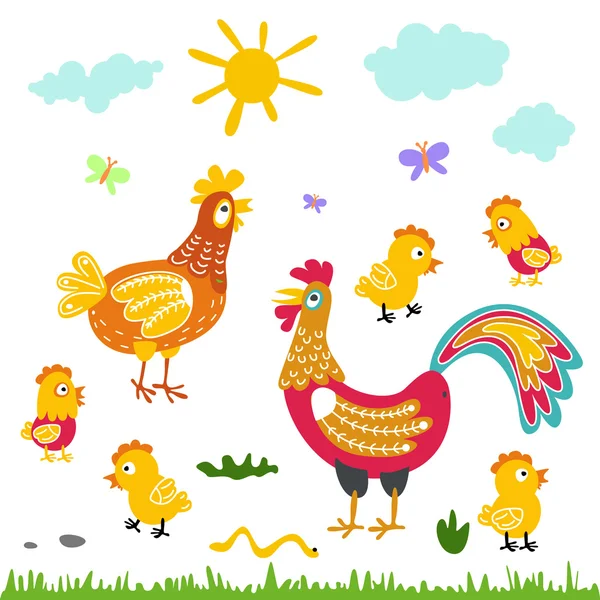 Gård fåglar familj tecknad platt illustration. tupp höna kyckling isolerad på vit bakgrund — Stock vektor
