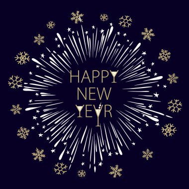 Mutlu yeni yıl kartı ile yıldız patlaması. kar tanesi şampanya bardağı vektör çizim.