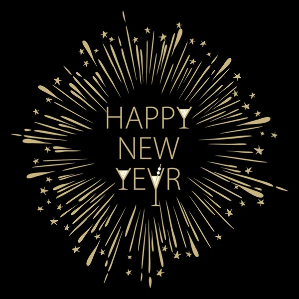 Mutlu yeni yıl kartı ile yıldız patlaması. kar tanesi şampanya bardağı vektör çizim.