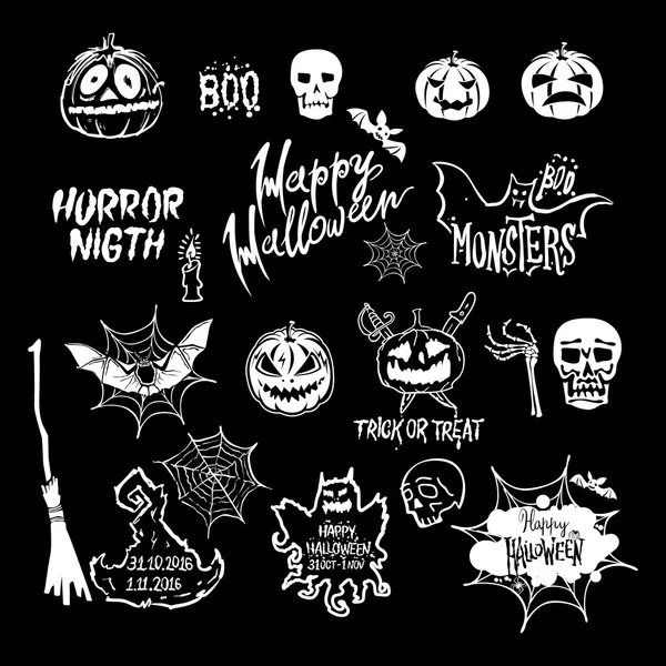 Vector conjunto de Halloween, dibujado símbolos de Halloween calabaza, escoba, murciélago, telas de araña, letras y dibujo estilizado en estilo vintage — Archivo Imágenes Vectoriales