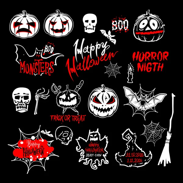 Vector conjunto de Halloween, dibujado símbolos de Halloween calabaza, escoba, murciélago, telas de araña, letras y dibujo estilizado en estilo vintage — Vector de stock