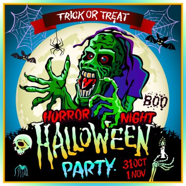 Bir dolunay, Cadılar Bayramı partisinde konulu resim arka plan üzerinde zombi sinsice yaklaşır. 31 Ekim - 1 Kasım. Korku gecesi. Hediye ver yoksa karışmam. kafatası, mum, örümcek, yarasalar. Boo. Web.