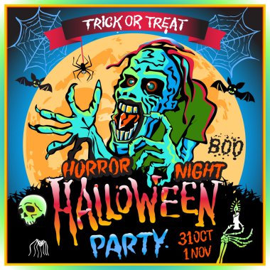 Bir dolunay, Cadılar Bayramı partisinde konulu resim arka plan üzerinde zombi sinsice yaklaşır. 31 Ekim - 1 Kasım. Korku gecesi. Hediye ver yoksa karışmam. kafatası, mum, örümcek, yarasalar. Boo. Web.