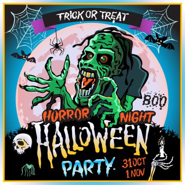 Bir dolunay, Cadılar Bayramı partisinde konulu resim arka plan üzerinde zombi sinsice yaklaşır. 31 Ekim - 1 Kasım. Korku gecesi. Hediye ver yoksa karışmam. kafatası, mum, örümcek, yarasalar. Boo. Web.