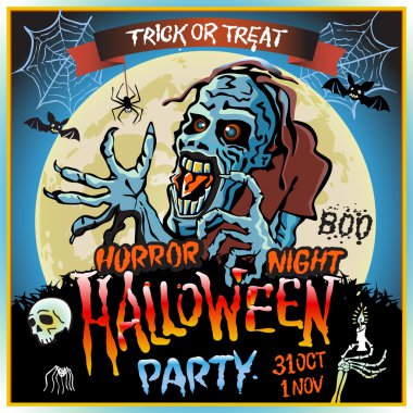 Bir dolunay, Cadılar Bayramı partisinde konulu resim arka plan üzerinde zombi sinsice yaklaşır. 31 Ekim - 1 Kasım. Korku gecesi. Hediye ver yoksa karışmam. kafatası, mum, örümcek, yarasalar. Boo. Web.